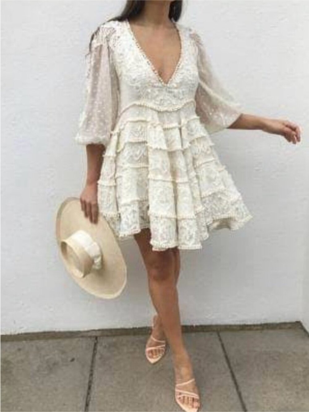 Zimmermann Cream Lace Tiered Mini Dress with Puff Sleeves - Picture 2 of 3